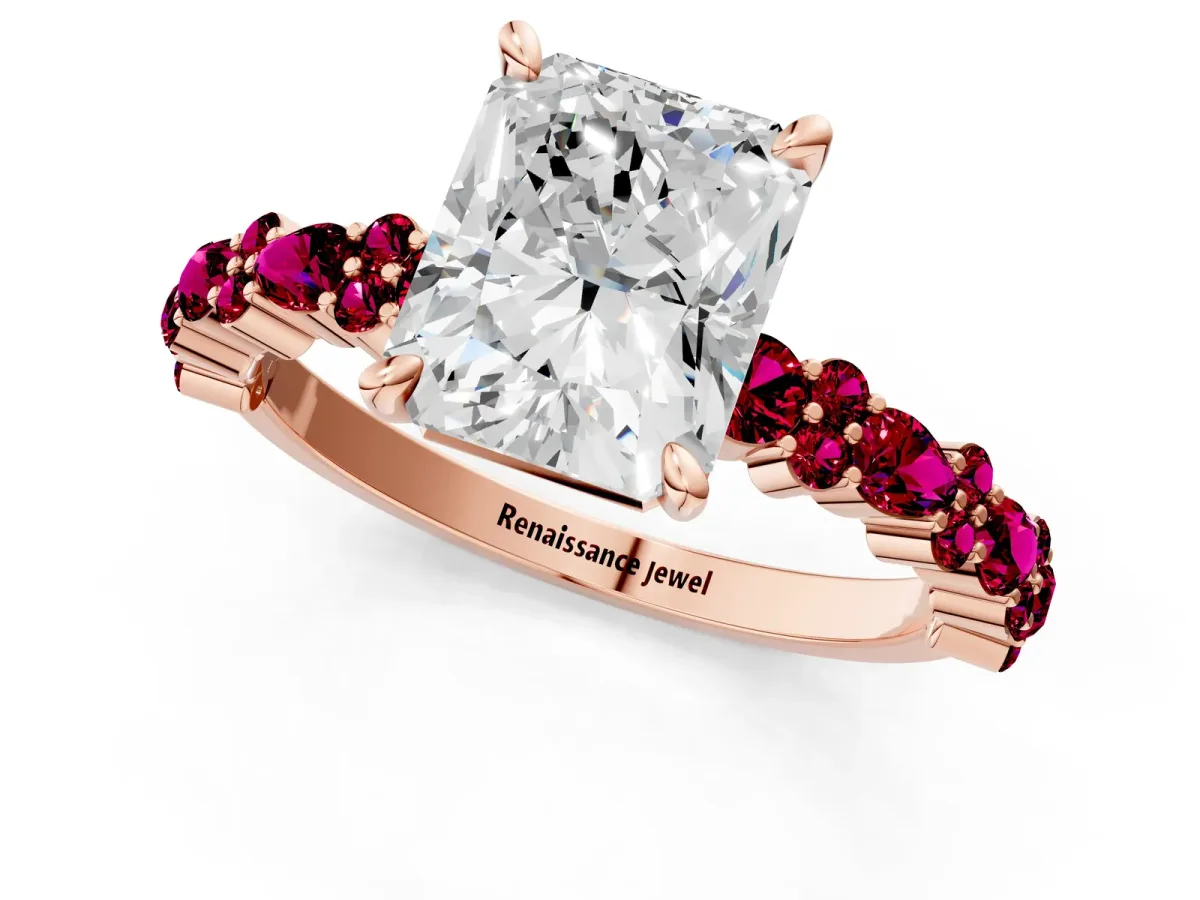 Radiant Cut Diamond Side Stone Solitaire Ring with Round Garnet and Four-Prong Setting Rose gold