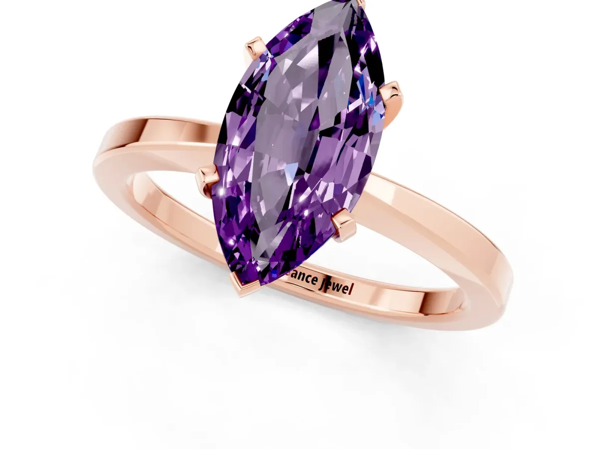 Marquise Cut Amethyst Solitaire Engagement Ring with Classic Band and Four-Prong Setting Rose gold