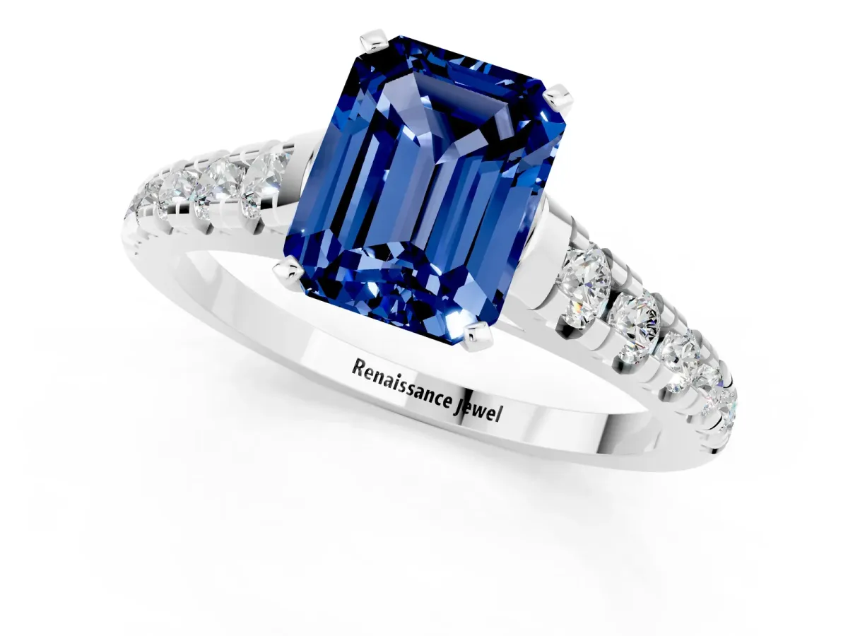 Emerald Cut Blue Sapphire Cathedral Solitaire Ring with Round Pavé Band Platinum