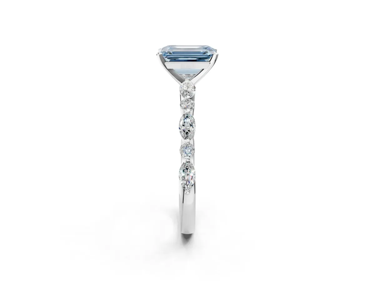 Fancy Blue Emerald Cut Diamond Ring with Marquise and Round Side Stones and Four-Prong Setting Silver
