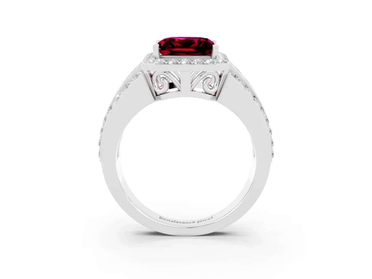 Princess Cut Halo Garnet Ring with Round Split Shank and Prong Setting Silver