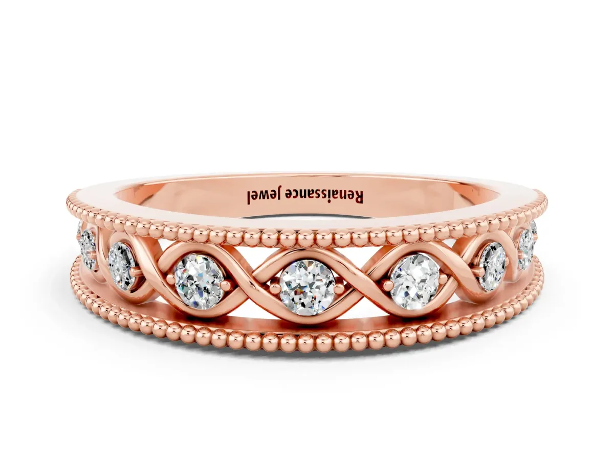 Round Moissanite Twist Milgrain Band with Bezel Setting Rose gold