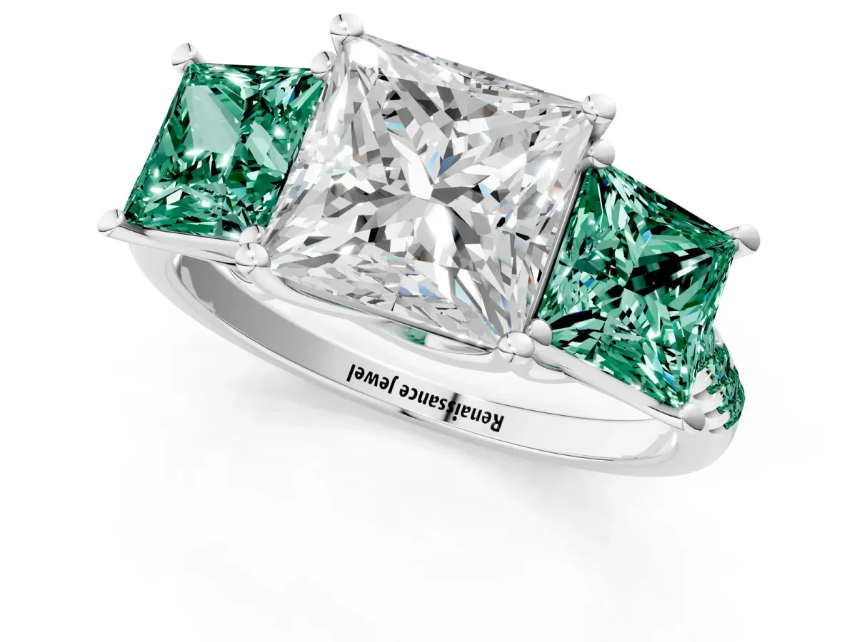 Three-Stone Princess Cut Diamond Ring with Round Green Sapphire Pavé Band and Prong Setting Silver