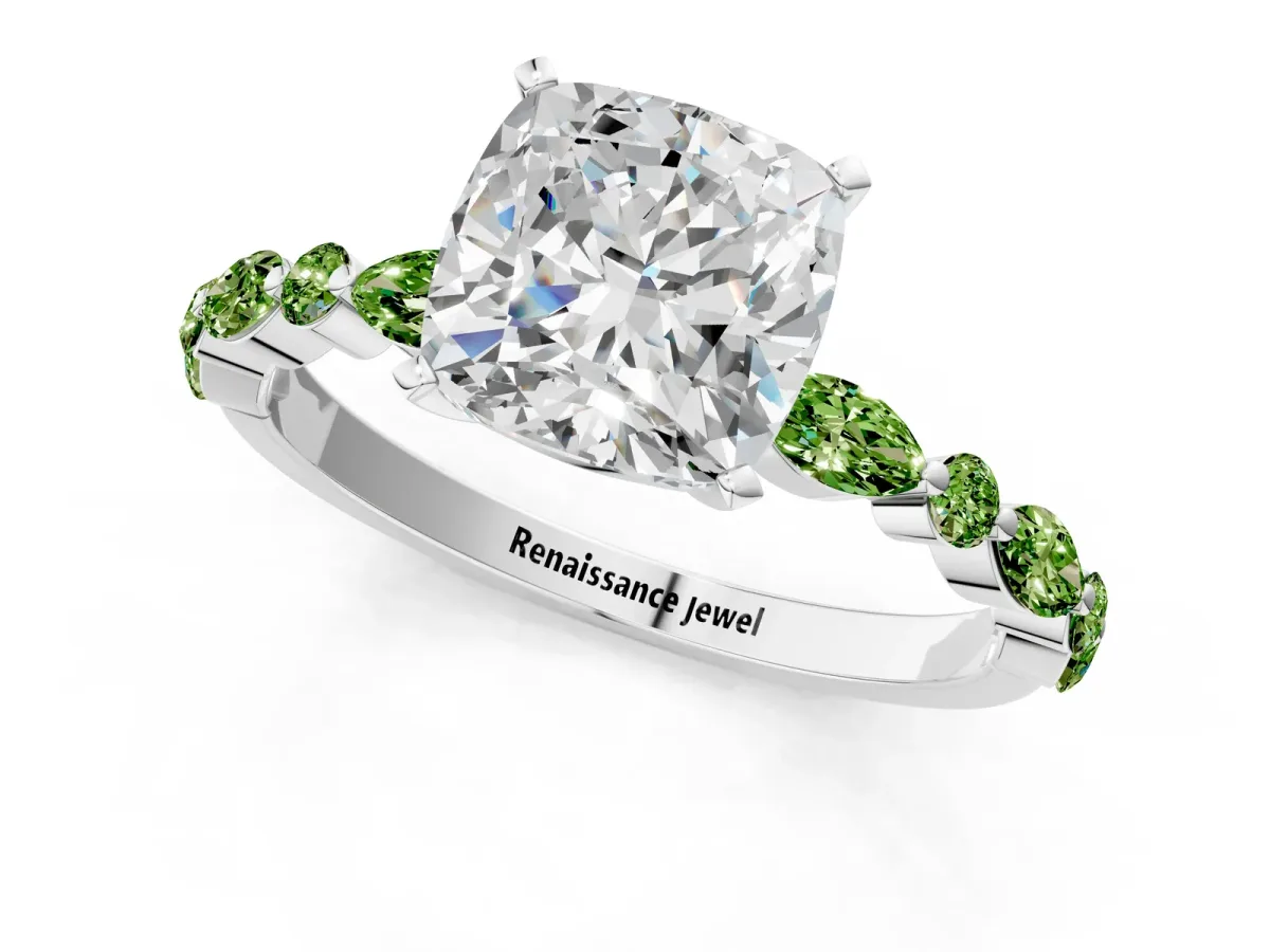 Cushion Cut Diamond Ring with Marquise and Round Peridot Side Stones and Four-Prong Setting Silver