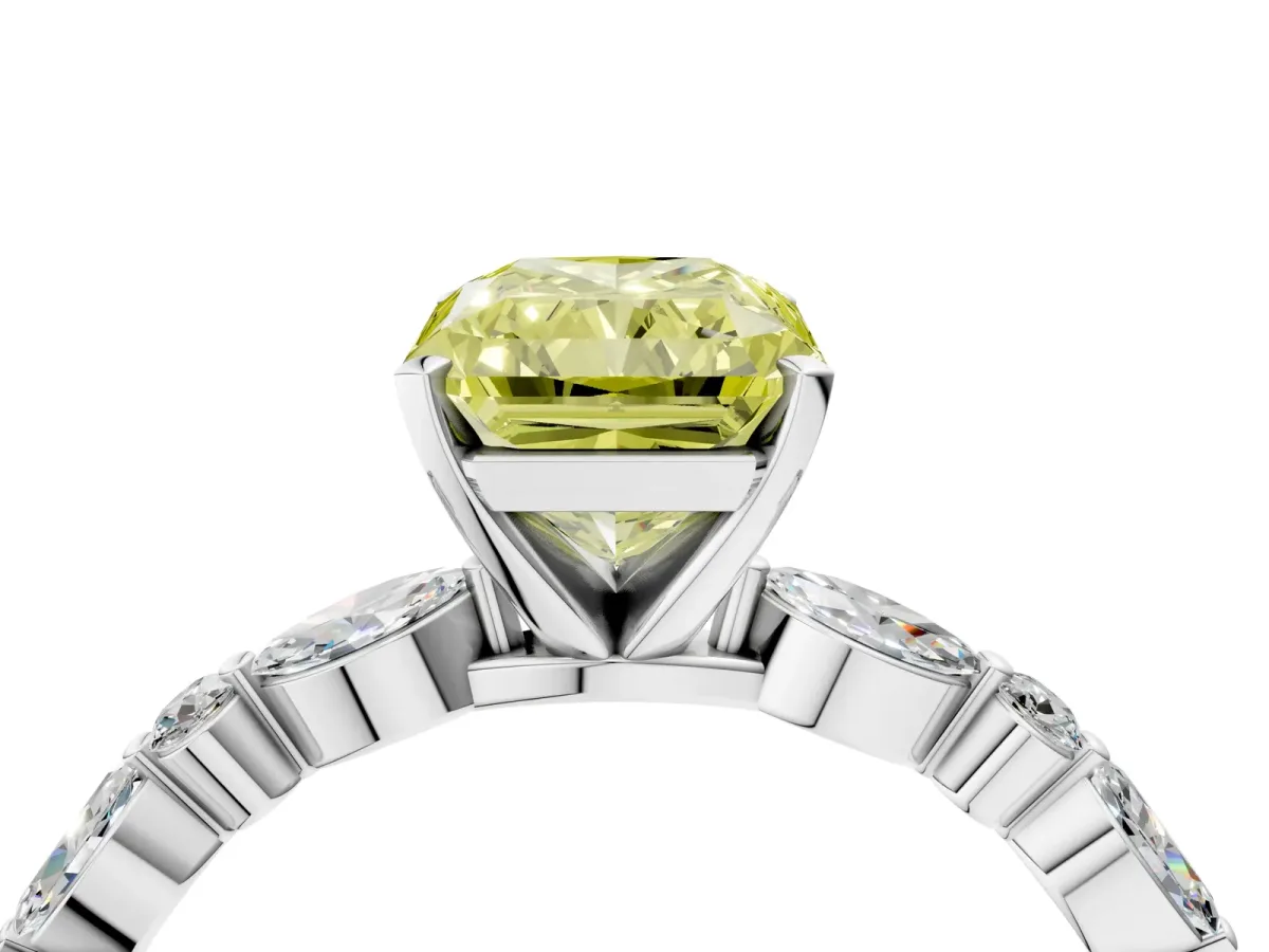 Fancy Yellow Radiant Cut Diamond Ring with Marquise and Round Side Stones and Four-Prong Setting Silver