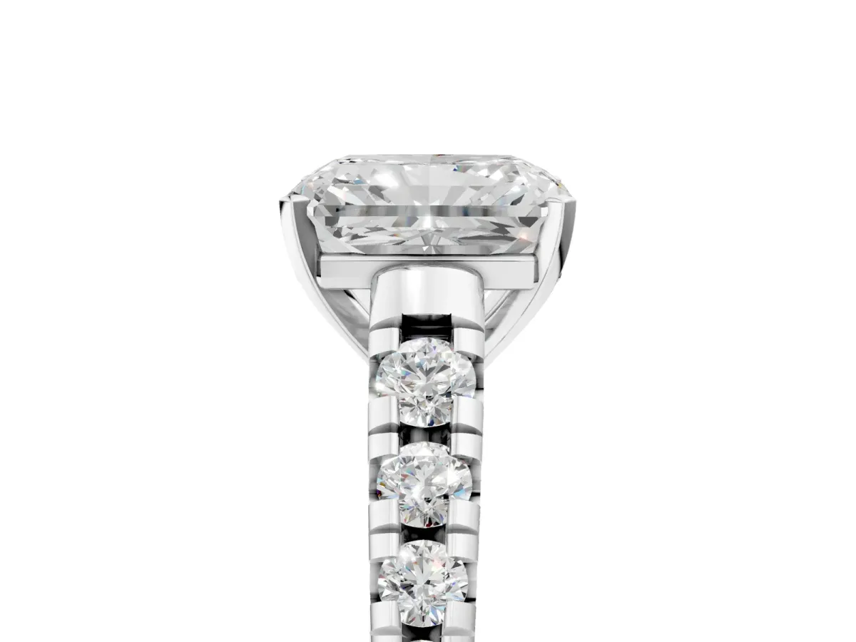 Radiant Cut Diamond Cathedral Solitaire Ring with Round Moissanite Pavé Band Platinum