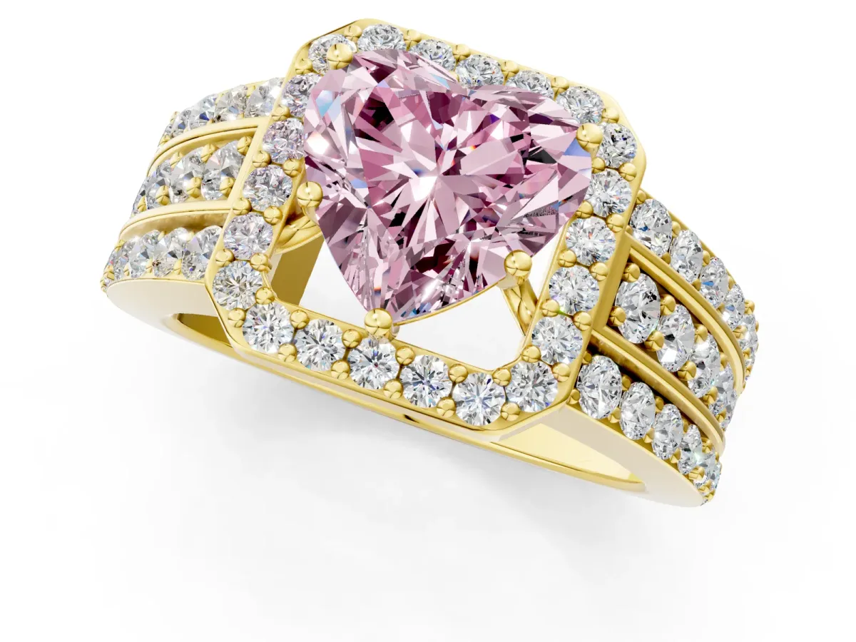 Fancy Pink Heart Cut Halo Diamond Ring with Round Split Shank and Prong Setting Yellow gold