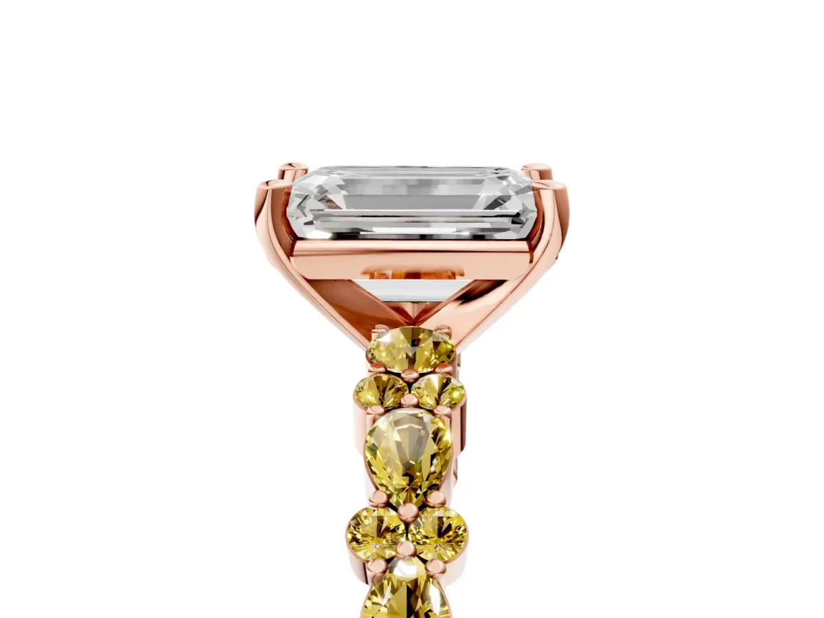 Emerald Cut Diamond Side Stone Solitaire Ring with Round Yellow Sapphire and Four-Prong Setting Rose gold