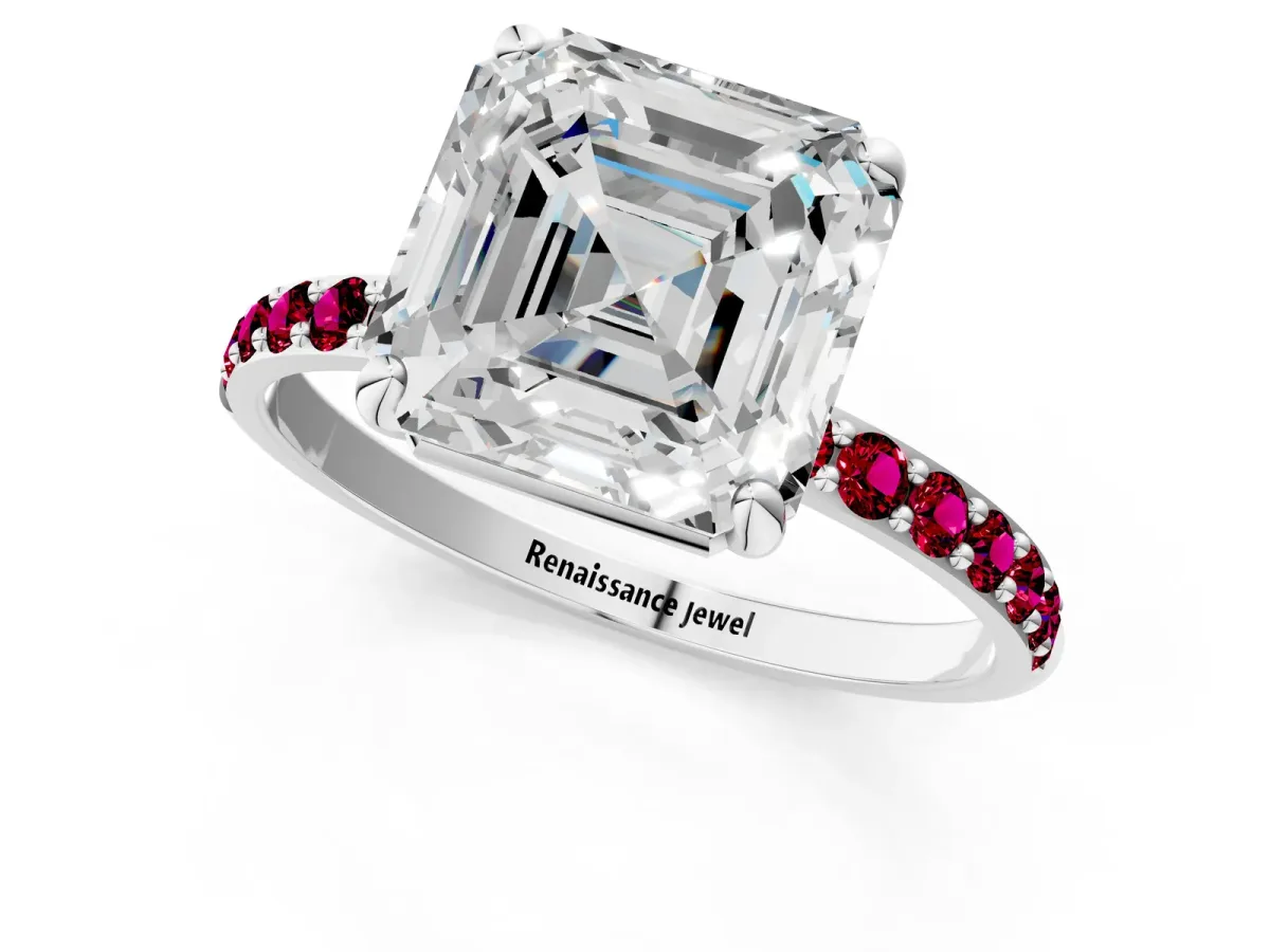 Asscher Cut Diamond Solitaire Ring with Round Garnet Pavé Band and Prong Setting Platinum