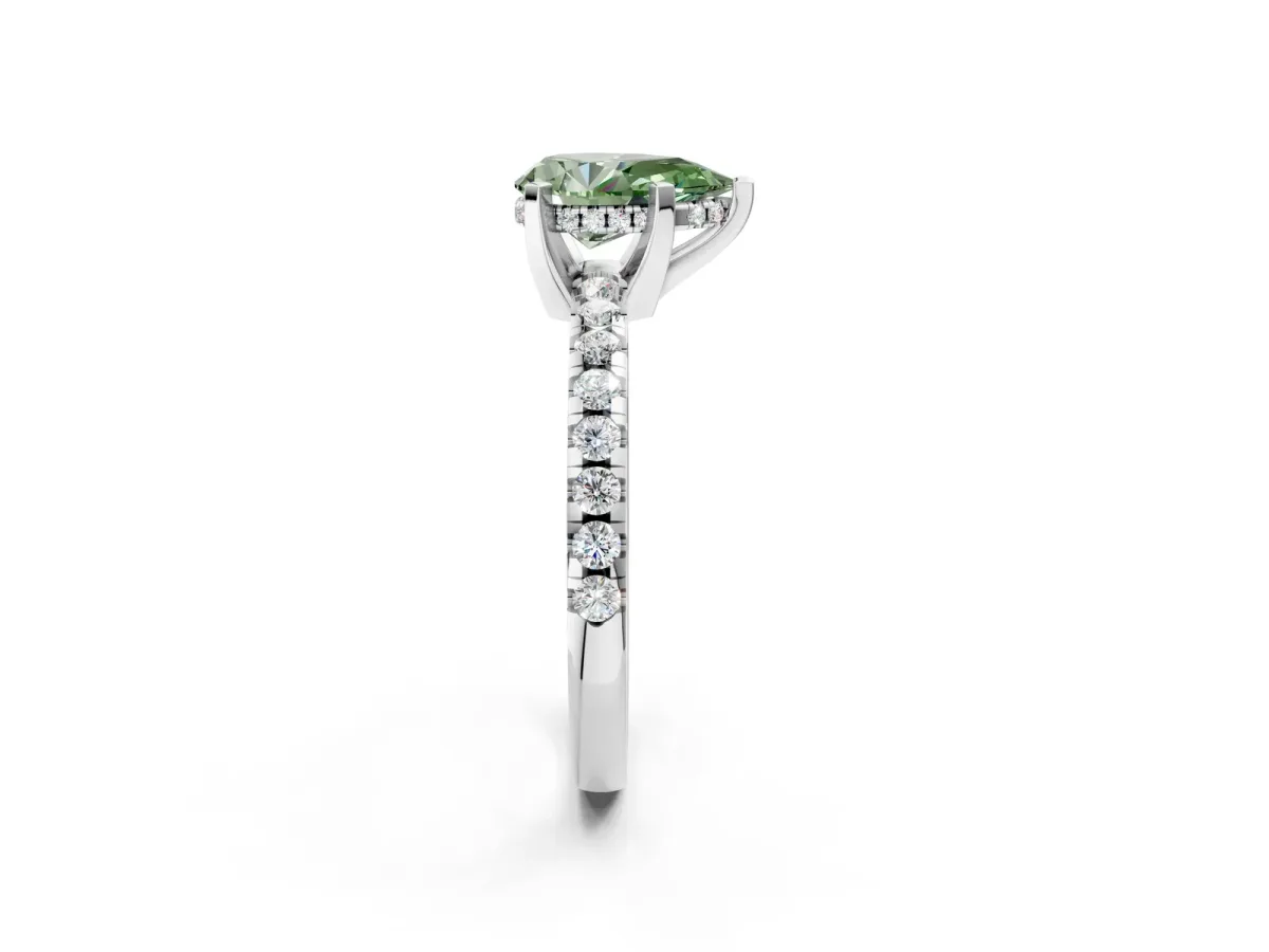 Fancy Green Pear Cut Diamond Solitaire Ring with Round Pavé Band and Four-Prong Setting White gold