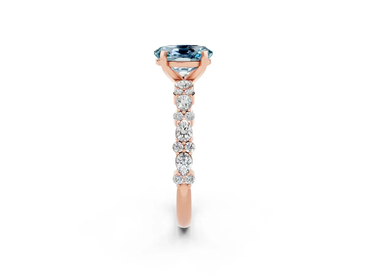 Oval Cut Aquamarine Side Stone Solitaire Ring with Round and Four-Prong Setting Rose gold