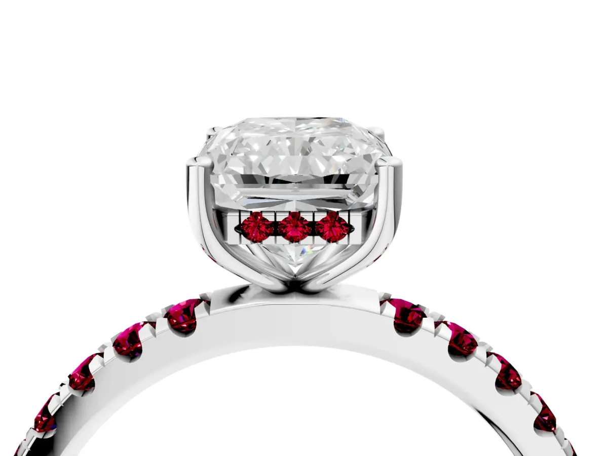 Radiant Cut Diamond Pave Band Solitaire Ring with Round Garnet and Prong Setting Silver