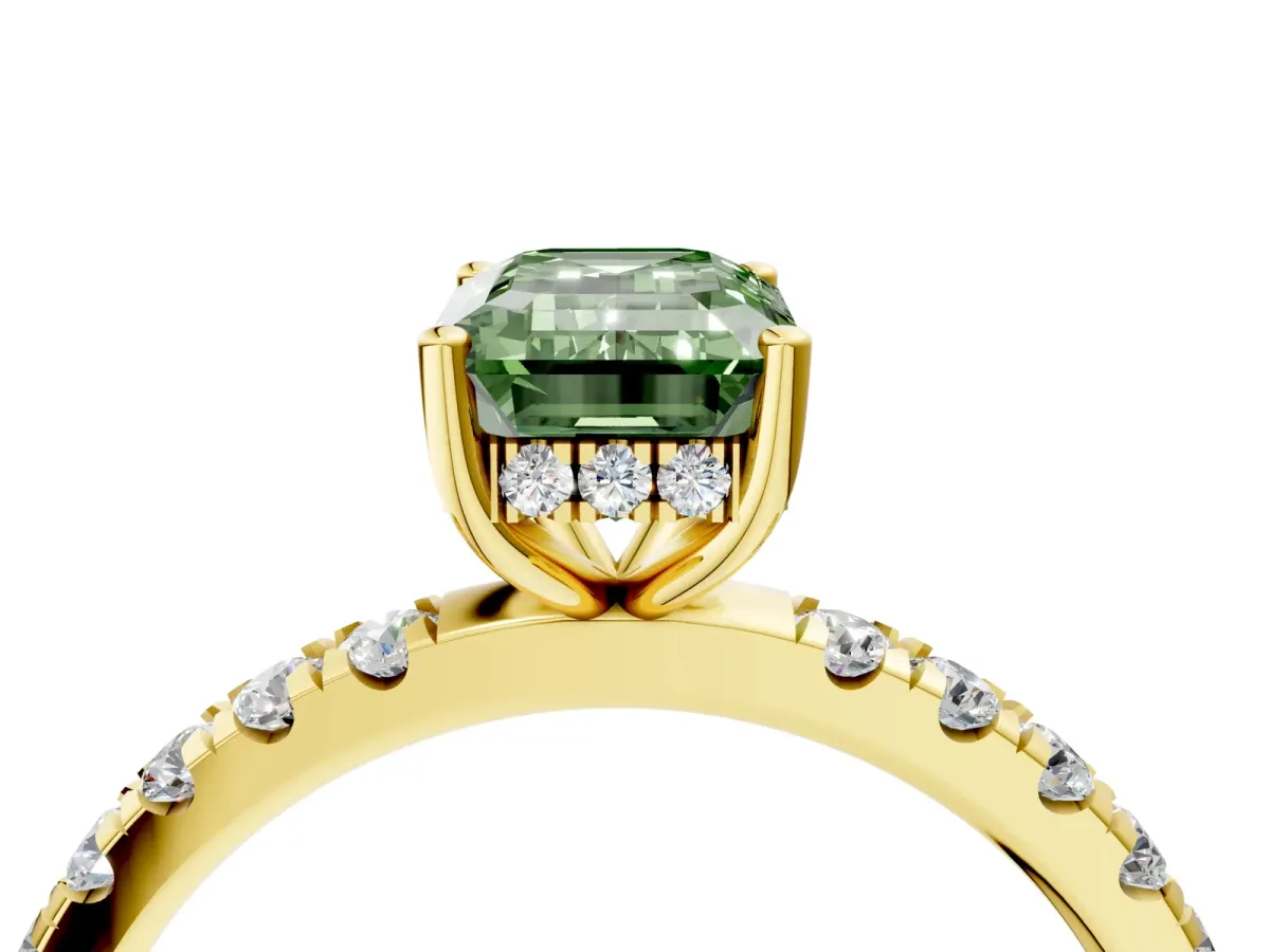 Fancy Green Emerald Cut Diamond Pave Band Solitaire Ring with Round and Prong Setting Yellow gold