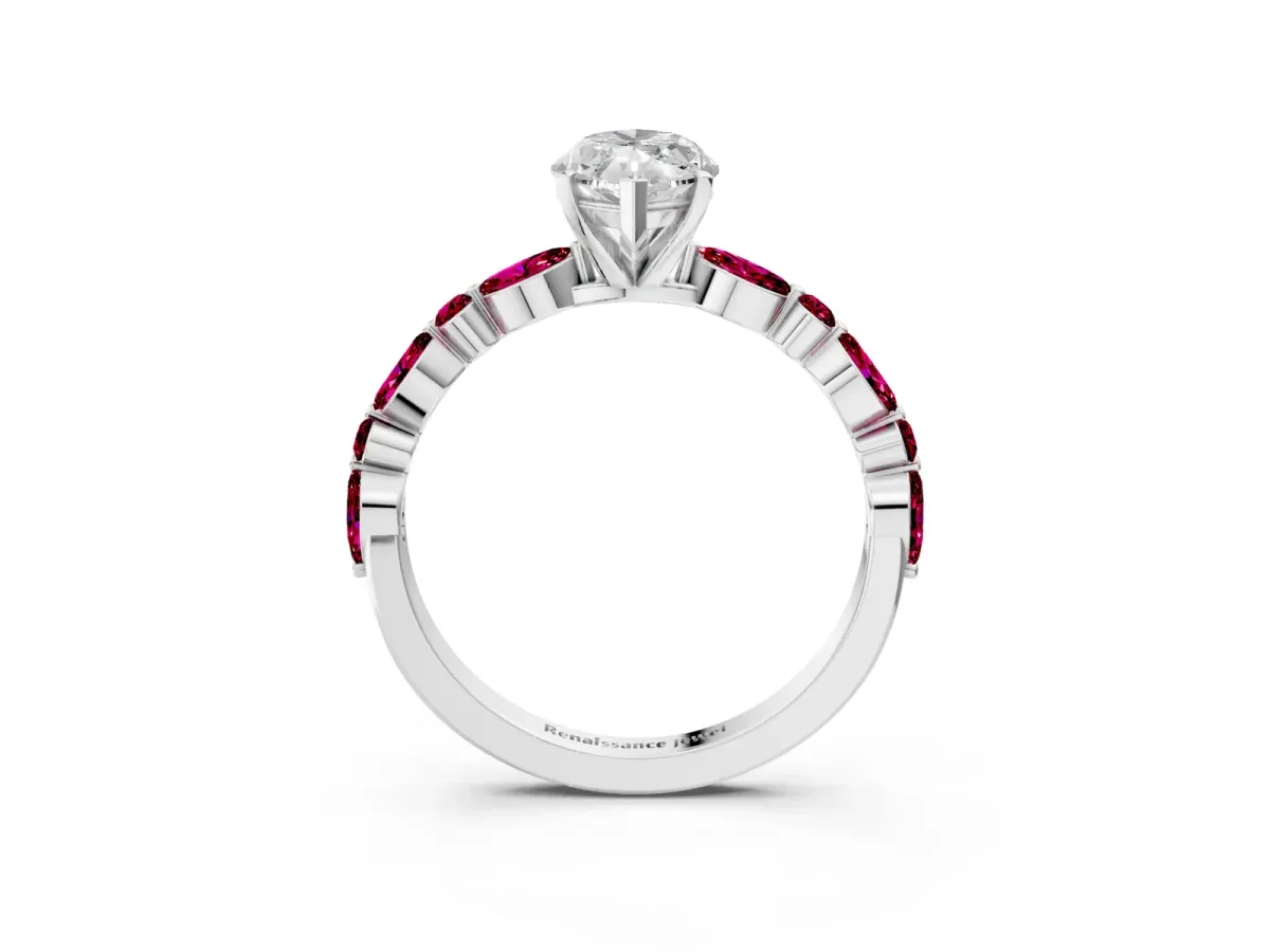 Marquise Cut Diamond Ring with Marquise and Round Garnet Side Stones and Four-Prong Setting Silver