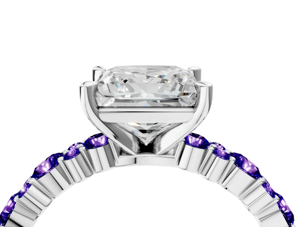 Princess Cut Diamond Side Stone Solitaire Ring with Round Tanzanite and Four-Prong Setting Silver