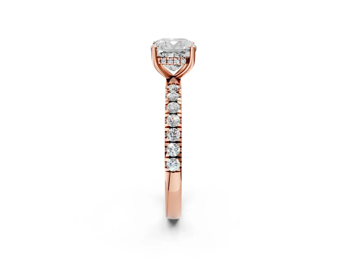 Cushion Cut Diamond Pave Band Solitaire Ring with Round and Prong Setting Rose gold