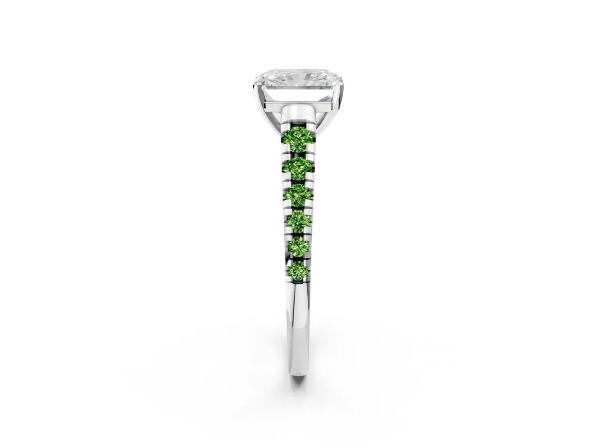 Radiant Cut Diamond Cathedral Solitaire Ring with Round Peridot Pavé Band Platinum