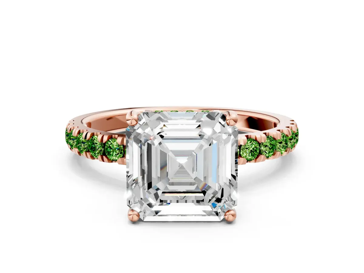 Asscher Cut Diamond Pave Band Solitaire Ring with Round Peridot and Prong Setting Rose gold