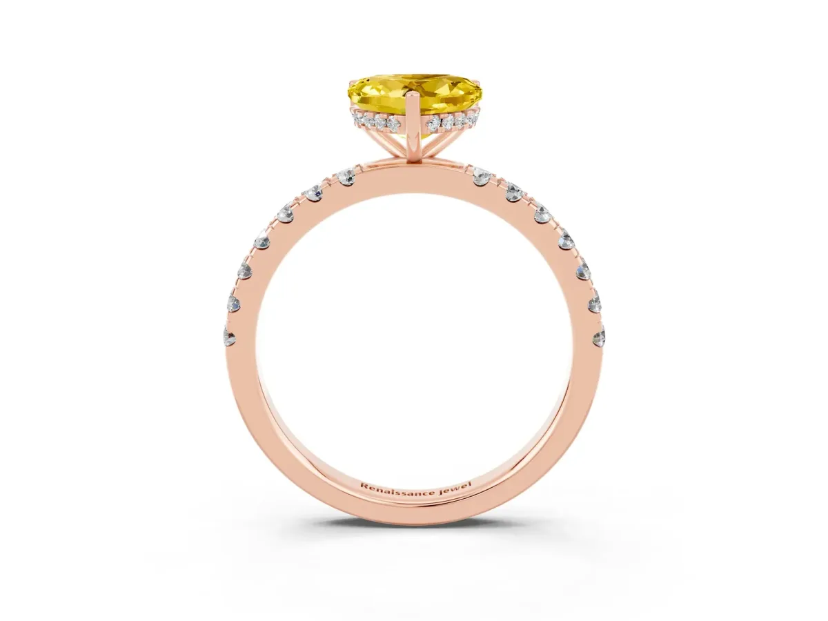 Heart Cut Yellow Sapphire Pave Band Solitaire Ring with Round and Prong Setting Rose gold