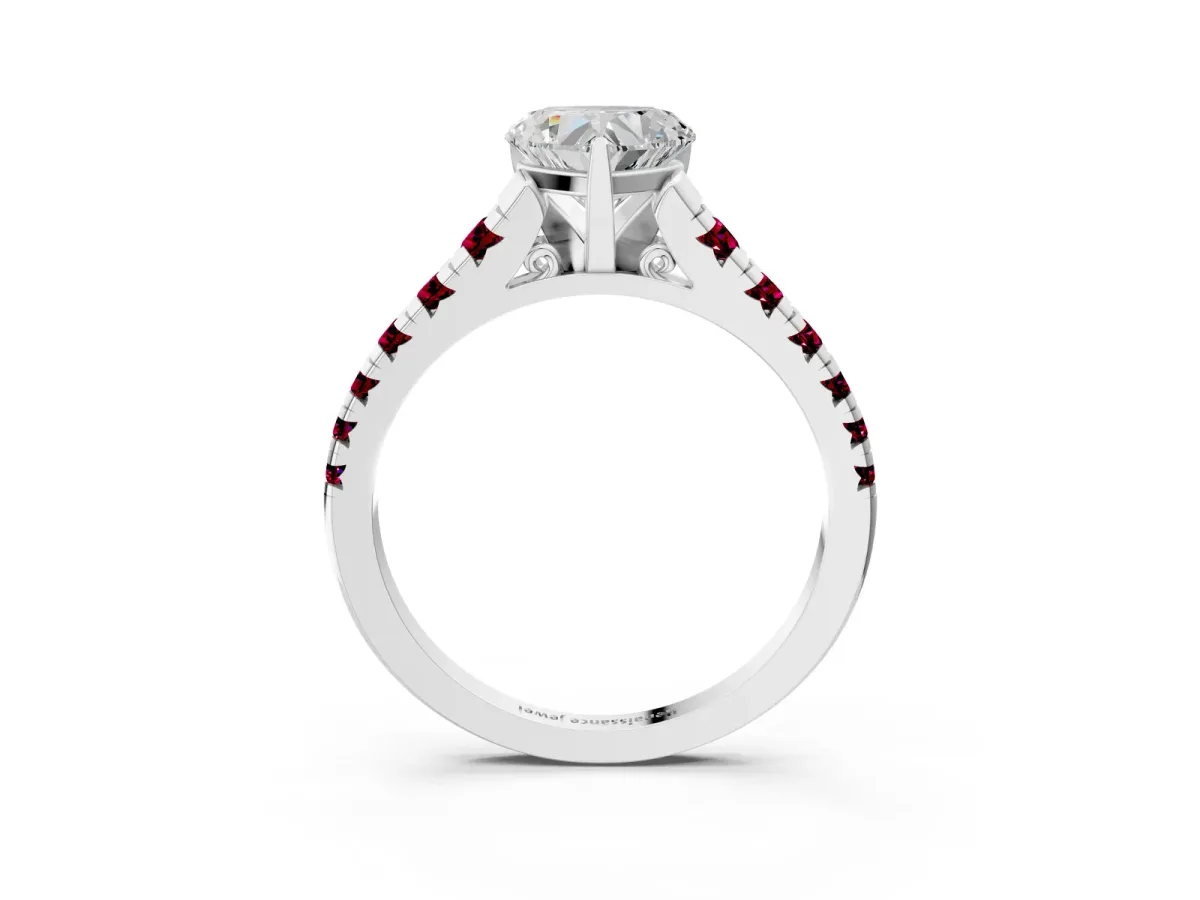 Heart Cut Diamond Cathedral Solitaire Ring with Round Garnet Pavé Band Silver