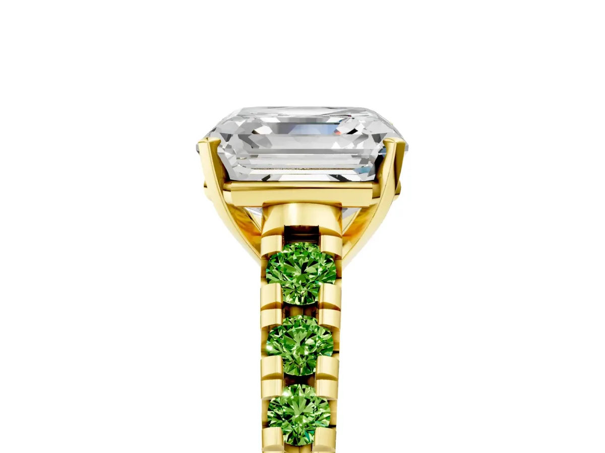 Asscher Cut Diamond Cathedral Solitaire Ring with Round Peridot Pavé Band Yellow gold