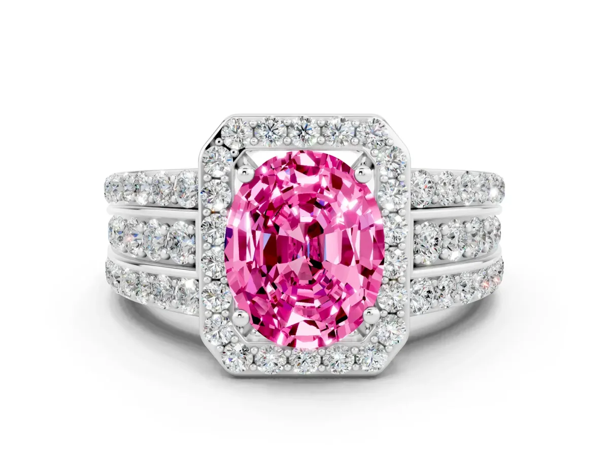 Oval Cut Halo Pink Sapphire Ring with Round Split Shank and Prong Setting Platinum