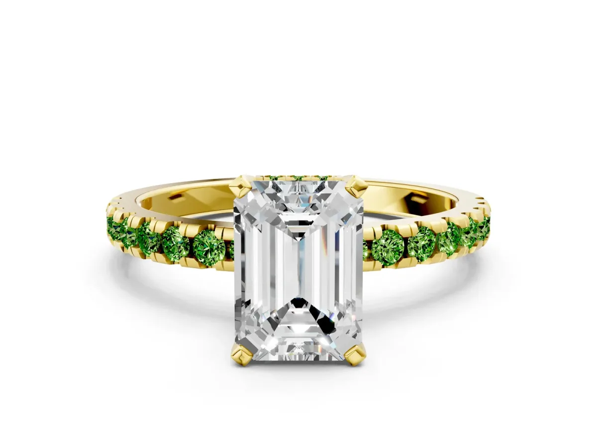 Emerald Cut Diamond Solitaire Ring with Round Peridot Pavé Band and Four-Prong Setting Yellow gold