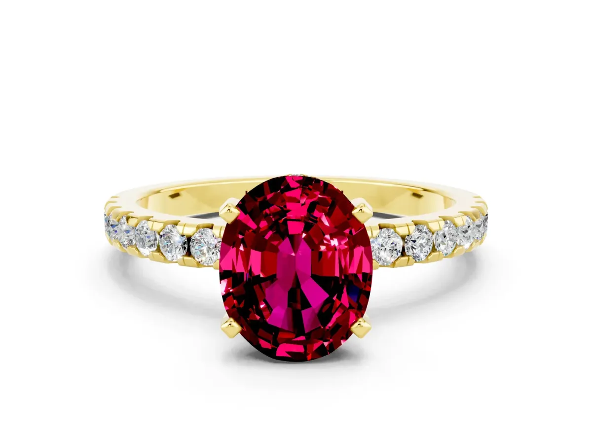 Oval Cut Garnet Solitaire Ring with Round Pavé Band and Four-Prong Setting Yellow gold
