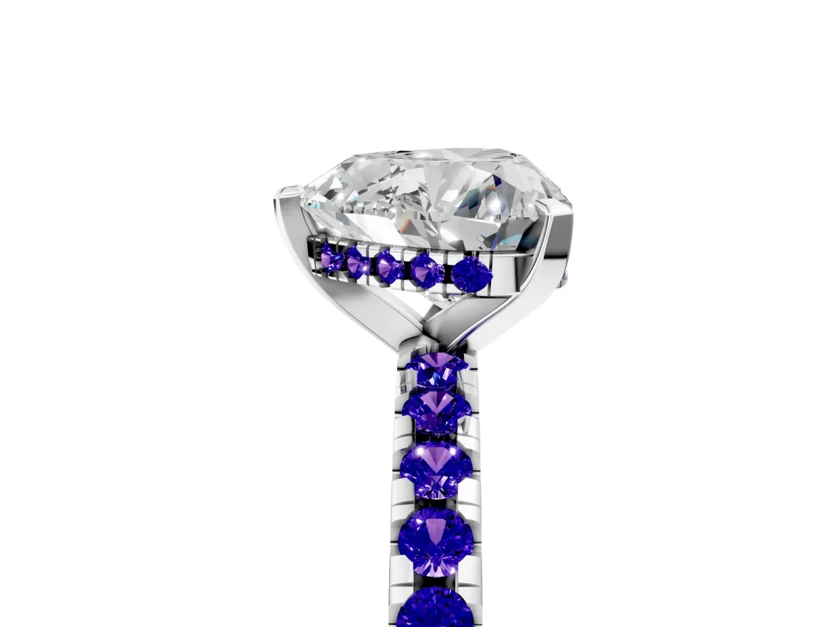 Heart Cut Diamond Solitaire Ring with Round Tanzanite Pavé Band and Four-Prong Setting Silver
