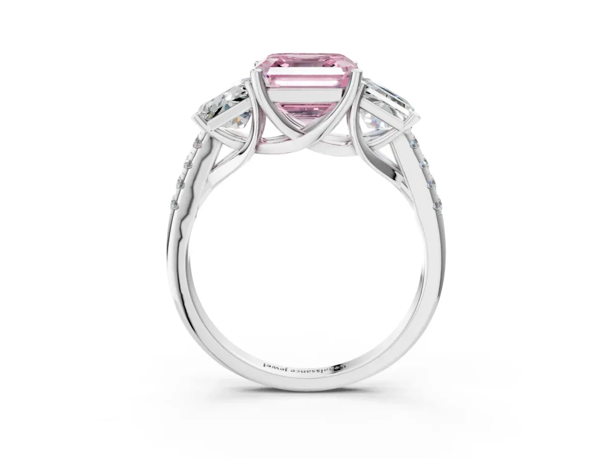 Fancy Pink Three-Stone Asscher Cut Diamond Ring with Round Pavé Band and Prong Setting Platinum