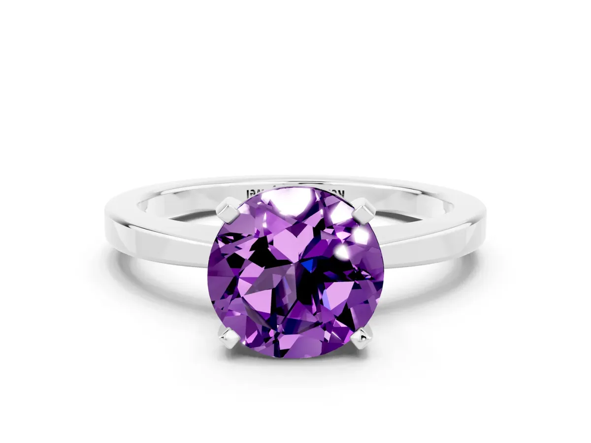 Round Cut Amethyst Solitaire Engagement Ring with Classic Band and Four-Prong Setting White gold