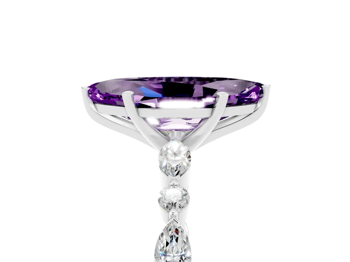 Marquise Cut Amethyst Ring with Marquise and Round Side Stones and Four-Prong Setting Platinum