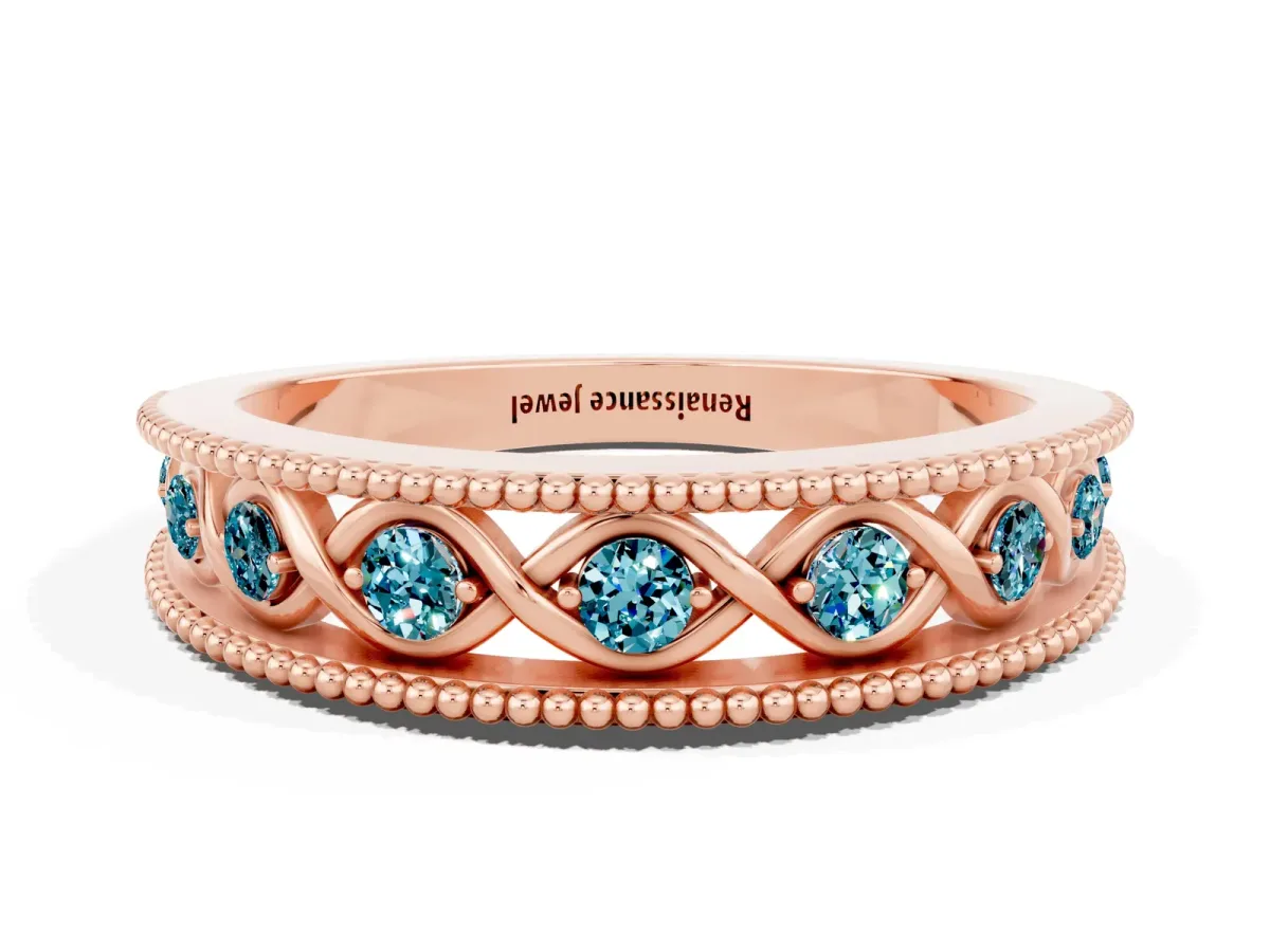Round Blue Topaz Twist Milgrain Band with Bezel Setting Rose gold