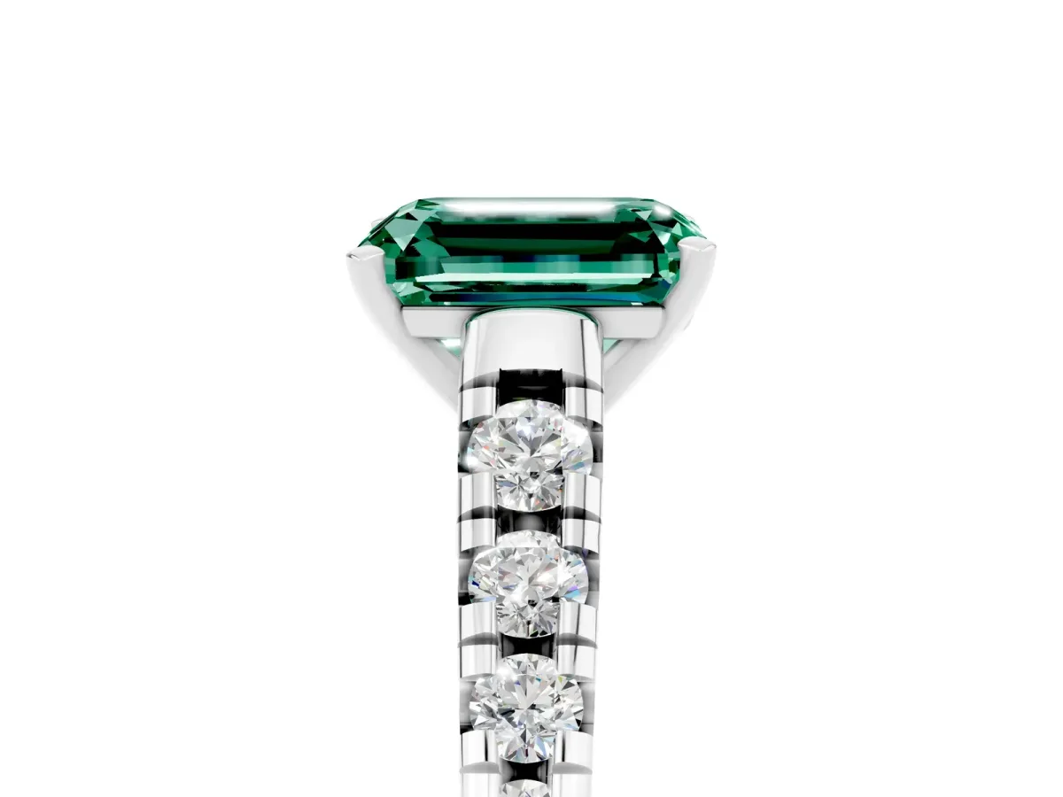Emerald Cut Green Sapphire Cathedral Solitaire Ring with Round Pavé Band Silver