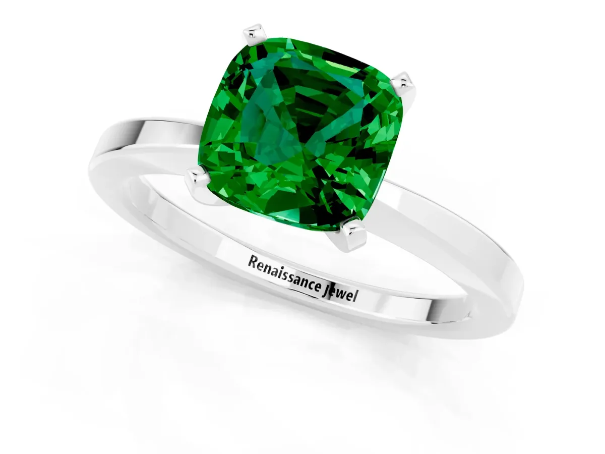 Cushion Cut Emerald Solitaire Engagement Ring with Classic Band and Four-Prong Setting White gold