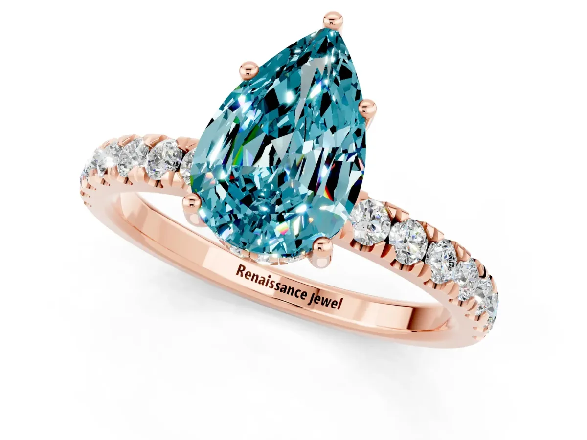 Pear Cut Blue Topaz Pave Band Solitaire Ring with Round and Prong Setting Rose gold