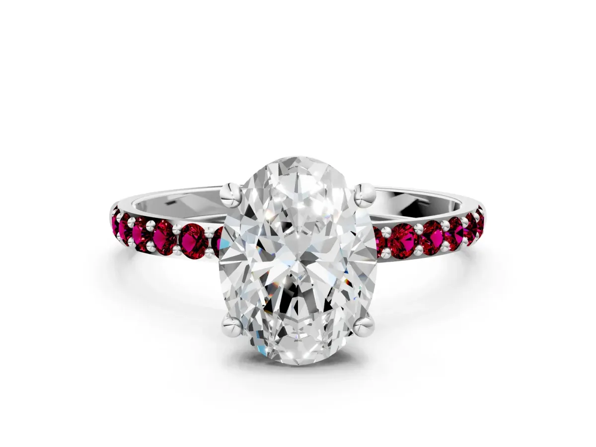 Oval Cut Diamond Solitaire Ring with Round Garnet Pavé Band and Prong Setting Platinum