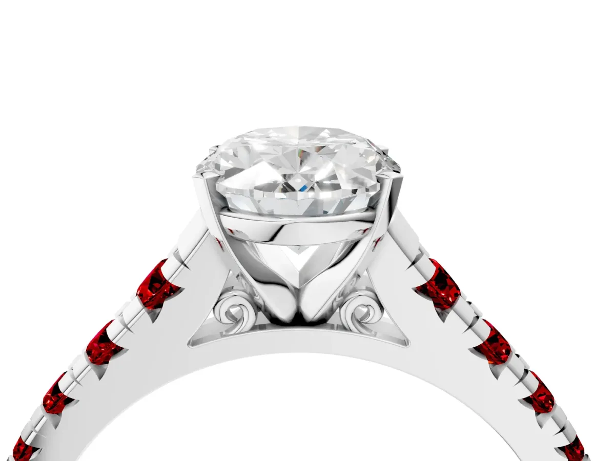 Oval Cut Diamond Cathedral Solitaire Ring with Round Ruby Pavé Band Platinum