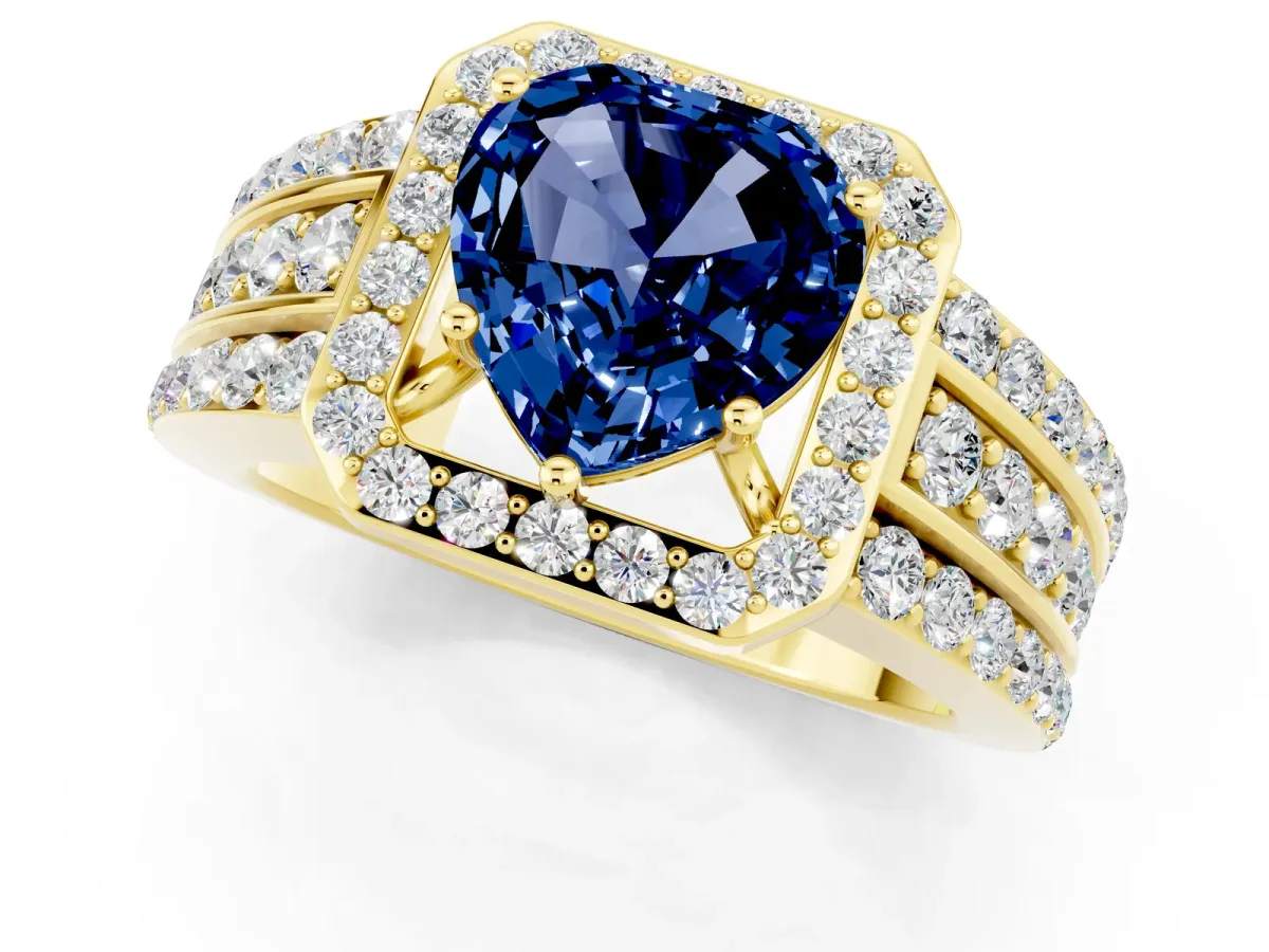 Heart Cut Halo Blue Sapphire Ring with Round Split Shank and Prong Setting Yellow gold