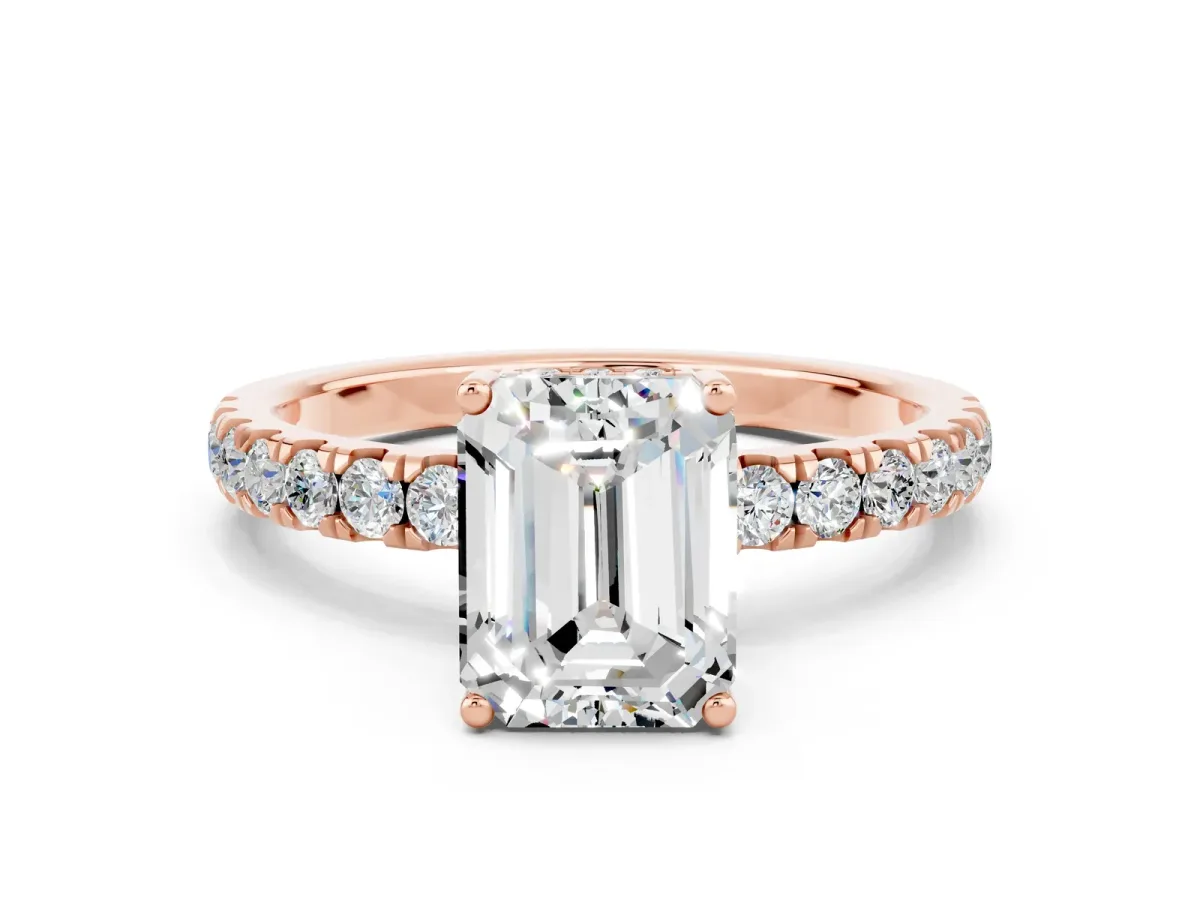 Emerald Cut Moissanite Pave Band Solitaire Ring with Round and Prong Setting Rose gold