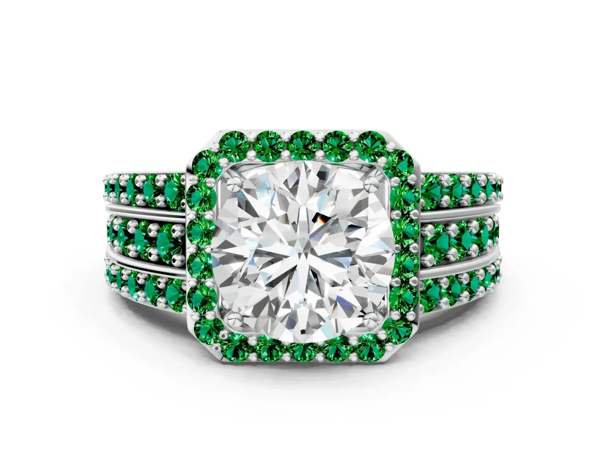 Round Cut Halo Diamond Ring with Round Emerald Split Shank and Prong Setting Platinum