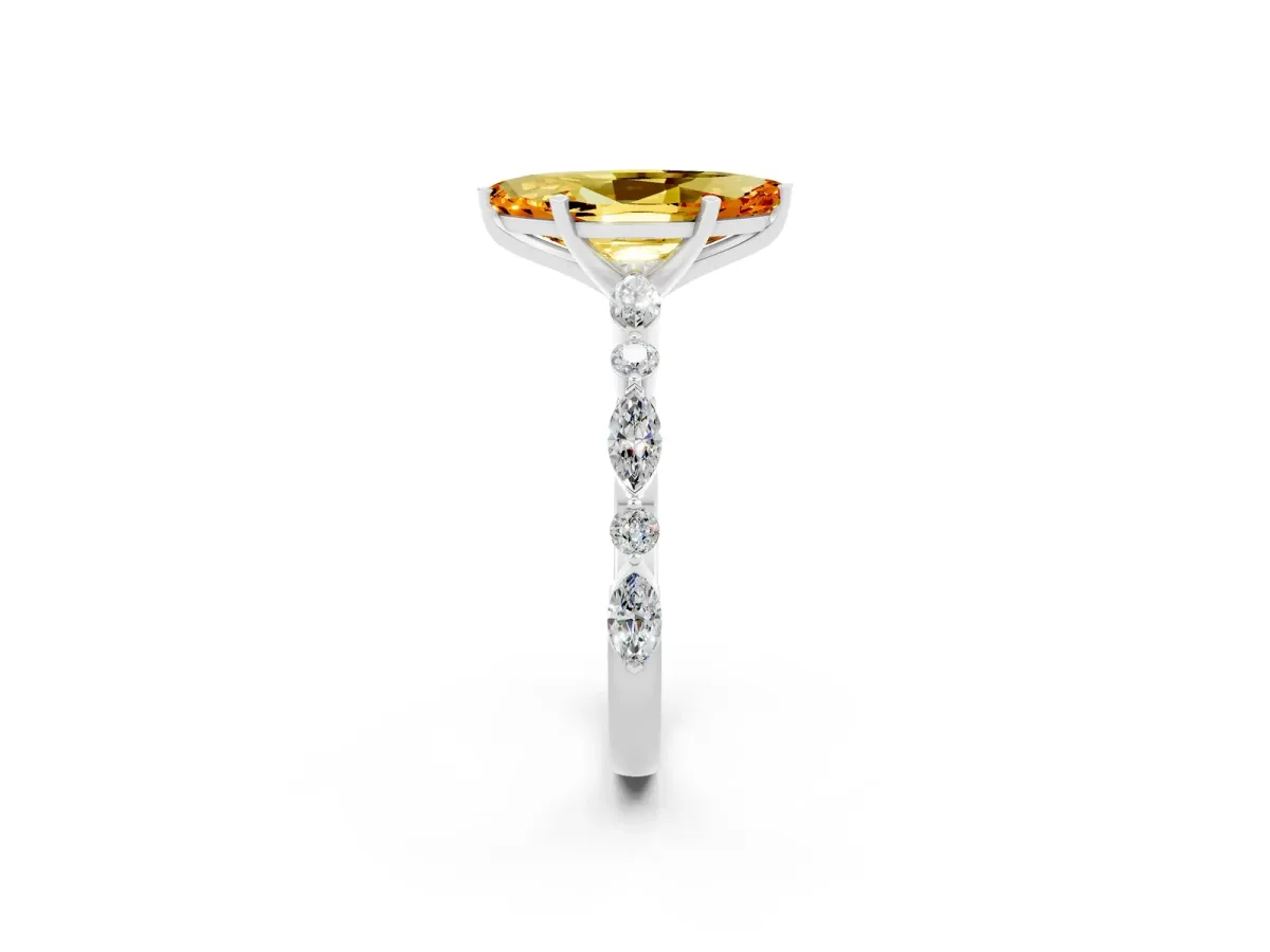Marquise Cut Citrine Ring with Marquise and Round Side Stones and Four-Prong Setting Platinum