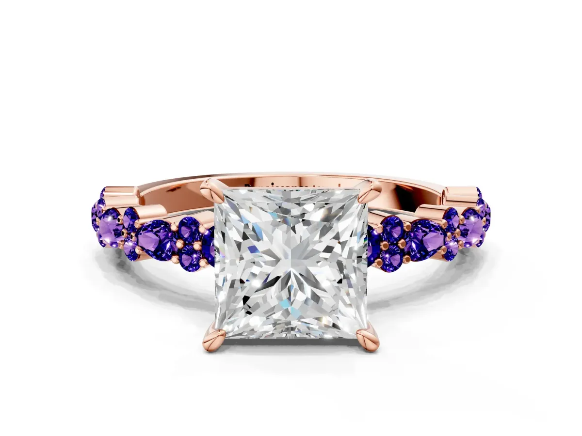 Princess Cut Diamond Side Stone Solitaire Ring with Round Tanzanite and Four-Prong Setting Rose gold