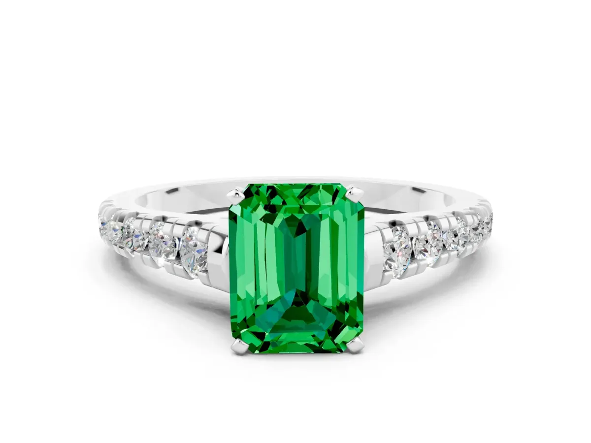 Emerald Cut Emerald Cathedral Solitaire Ring with Round Pavé Band Platinum