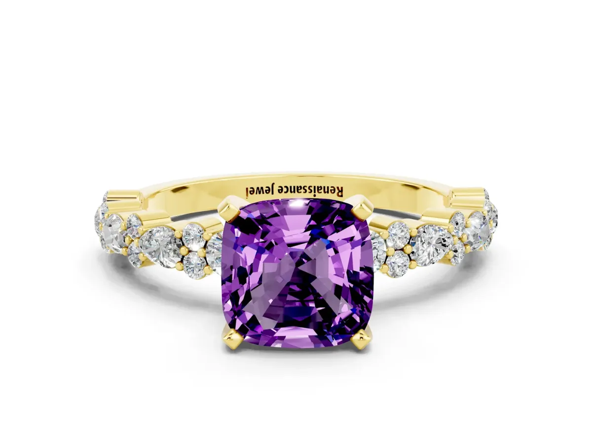 Cushion Cut Amethyst Side Stone Solitaire Ring with Round and Four-Prong Setting Yellow gold