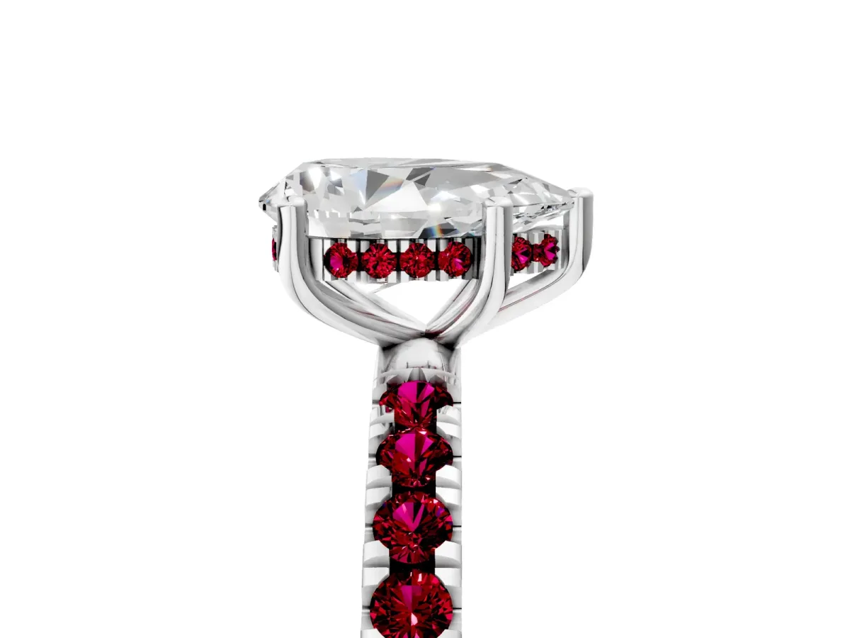 Pear Cut Diamond Pave Band Solitaire Ring with Round Garnet and Prong Setting Platinum