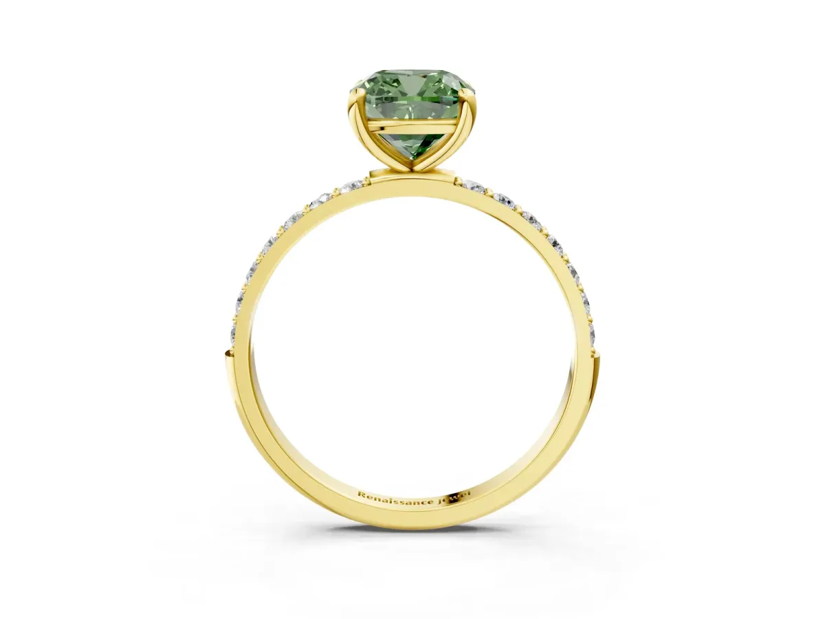 Fancy Green Cushion Cut Diamond Solitaire Ring with Round Pavé Band and Prong Setting Yellow gold