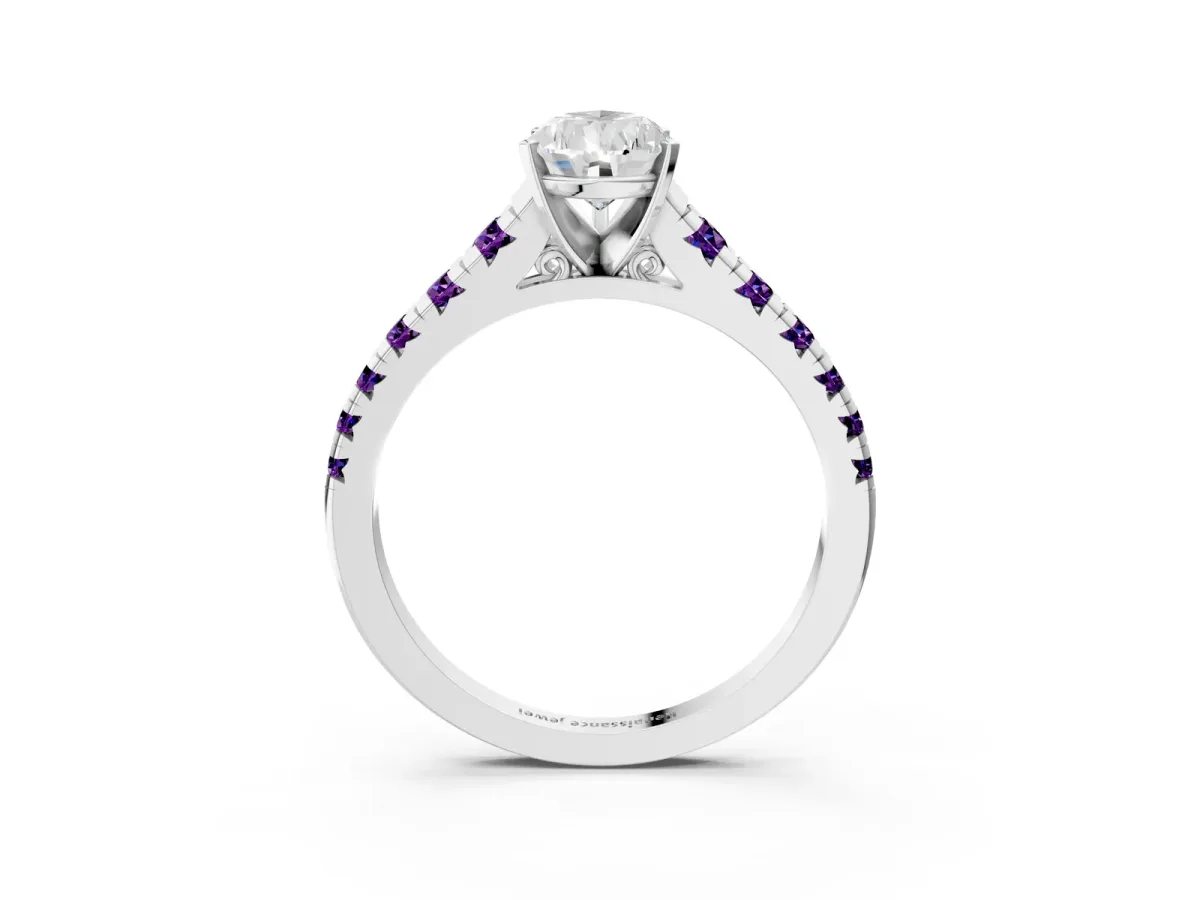 Pear Cut Diamond Cathedral Solitaire Ring with Round Amethyst Pavé Band Silver