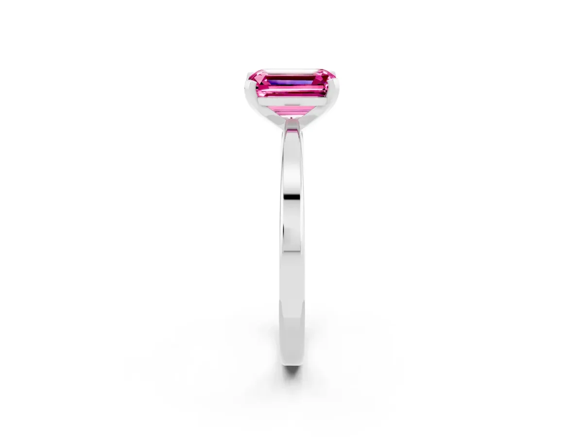 Emerald Cut Pink Sapphire Solitaire Engagement Ring with Classic Band and Four-Prong Setting Silver