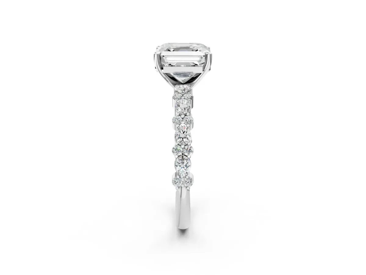 Asscher Cut Diamond Side Stone Solitaire Ring with Round Moissanite and Four-Prong Setting Silver